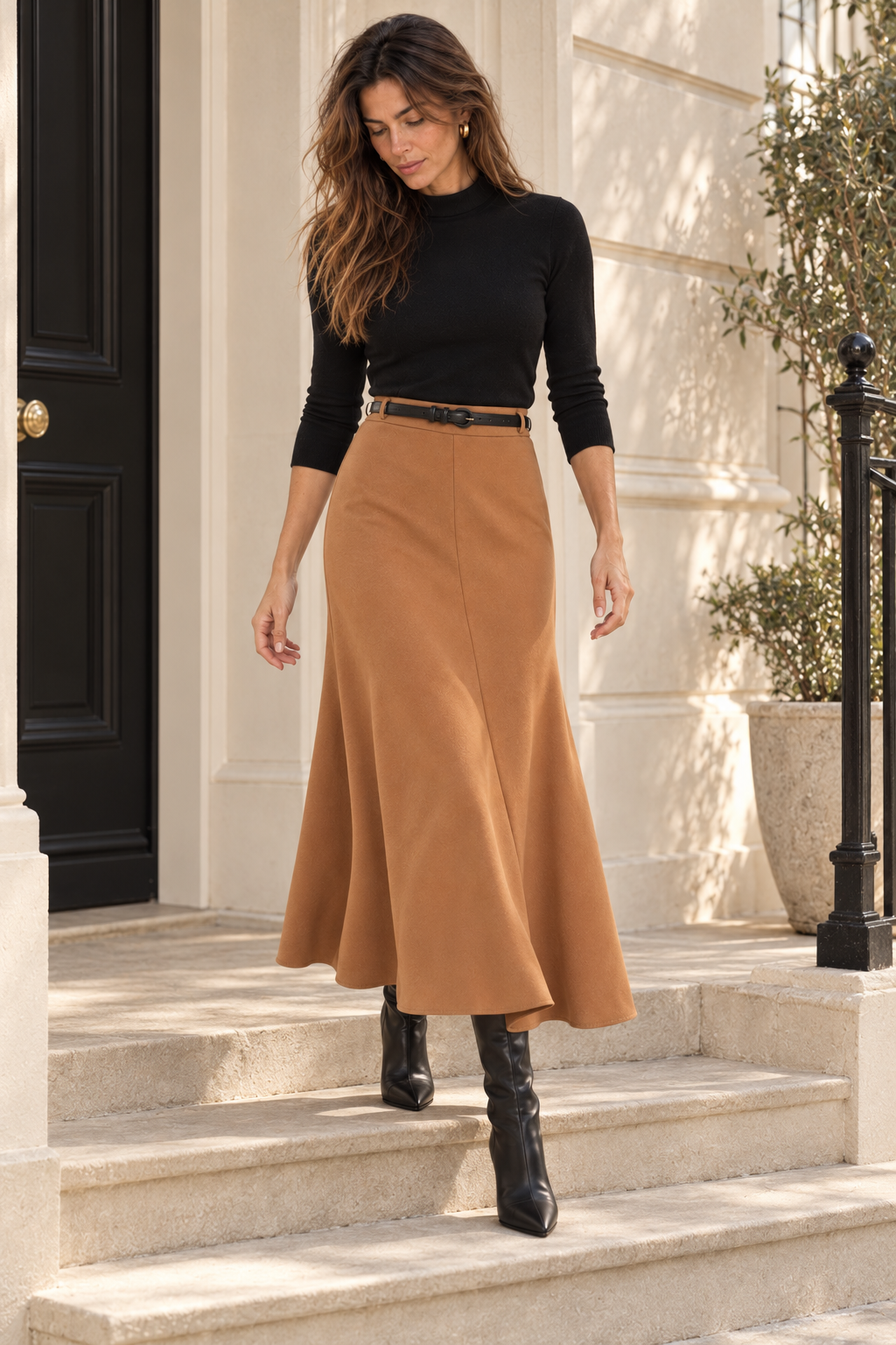 FALDA MIDI CON CINTURÓN — cuerpo entero, pose natural