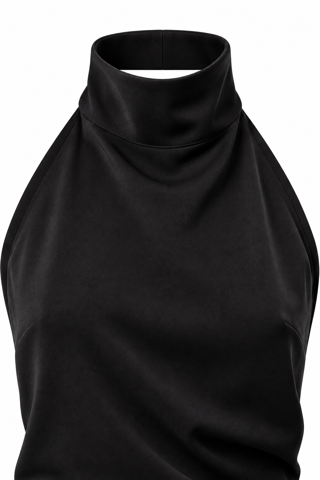 Detalle del cuello halter alto y del tejido negro del vestido Isabella