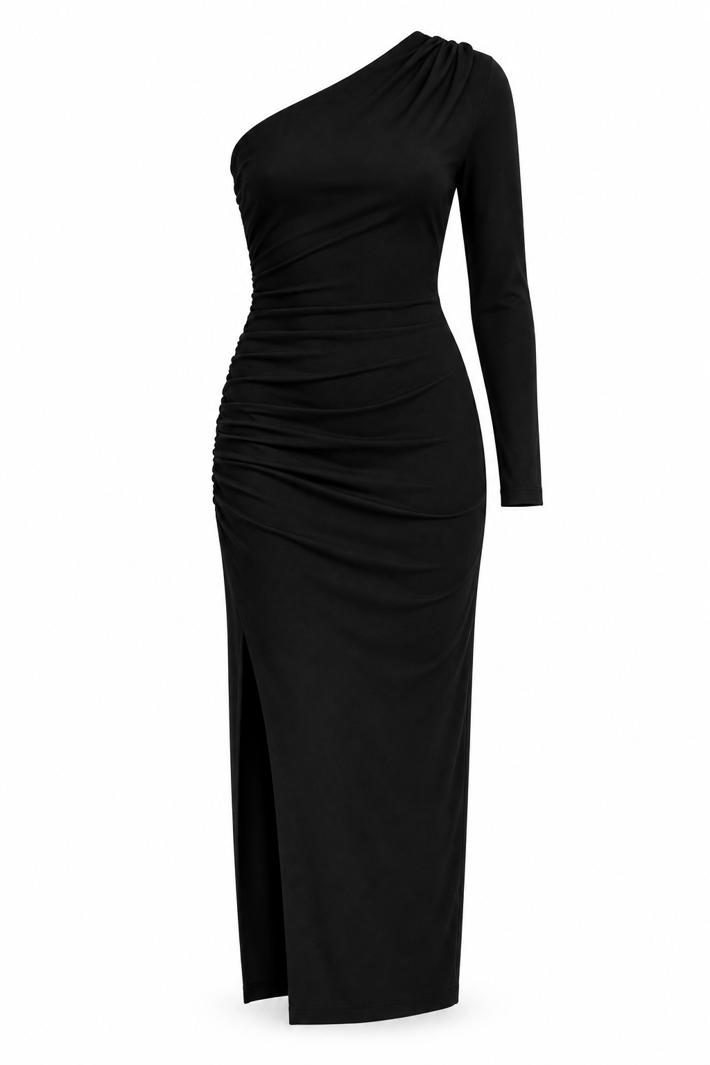 VESTIDO MIDI ASIMETRICO — Anna Verona — producto aislado sobre blanco — 002:NEGRO