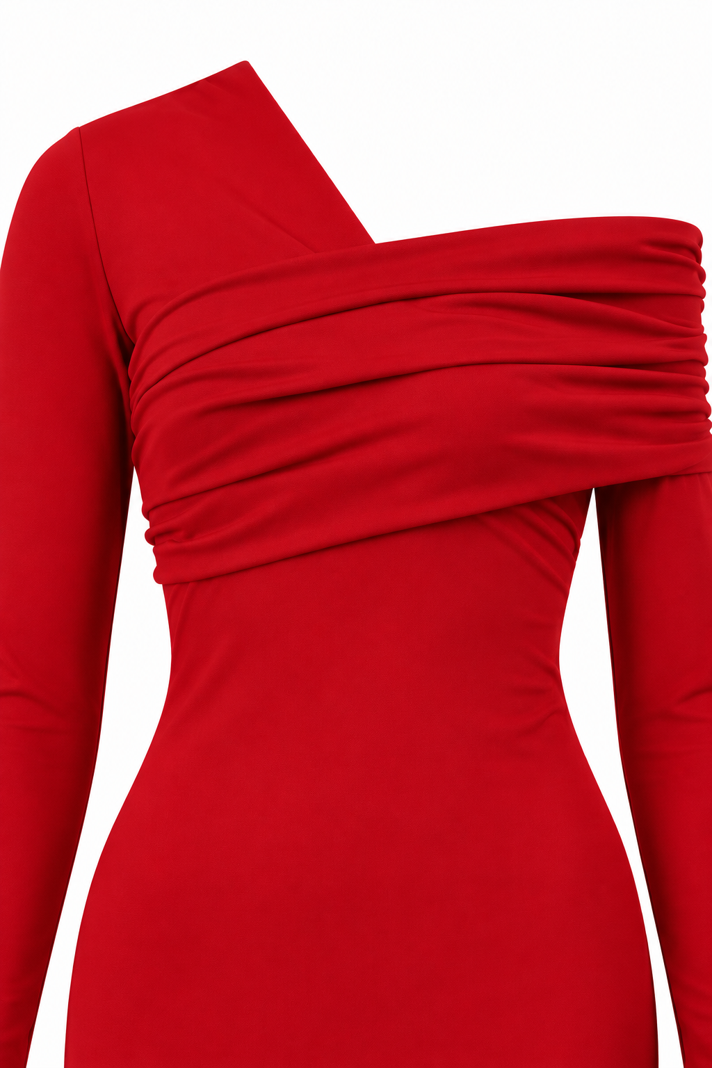 Vestido Alessia rojo — primer plano del escote asimétrico y el drapeado