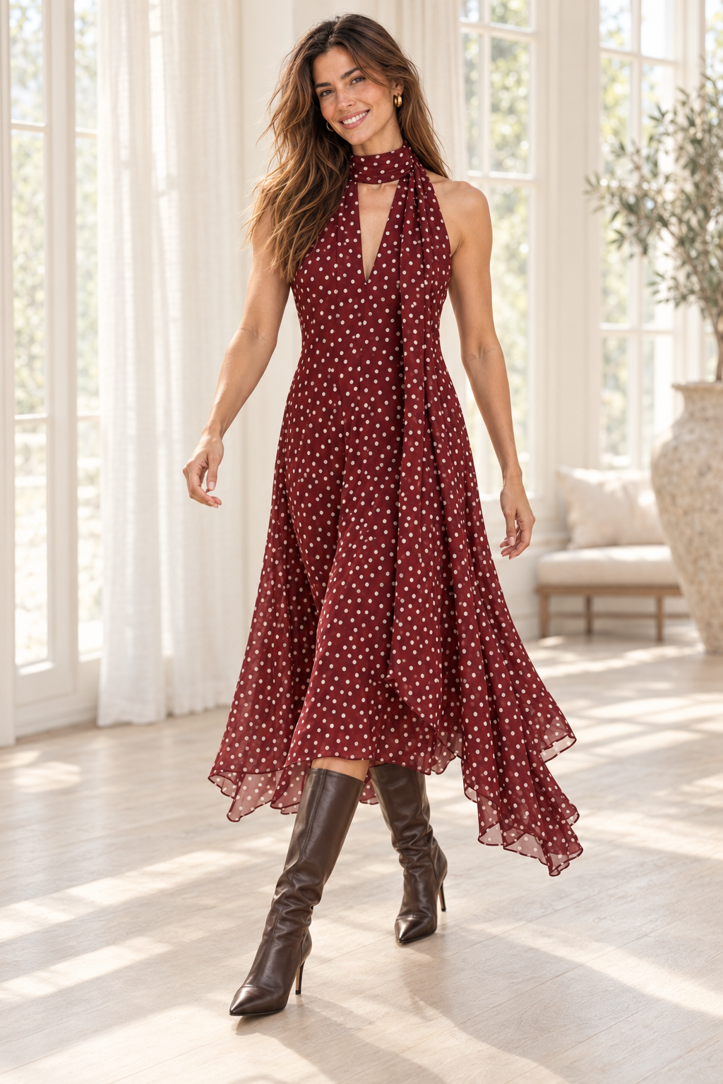 Vestido Giulia burdeos de lunares, de cuerpo entero caminando en un interior crema luminoso