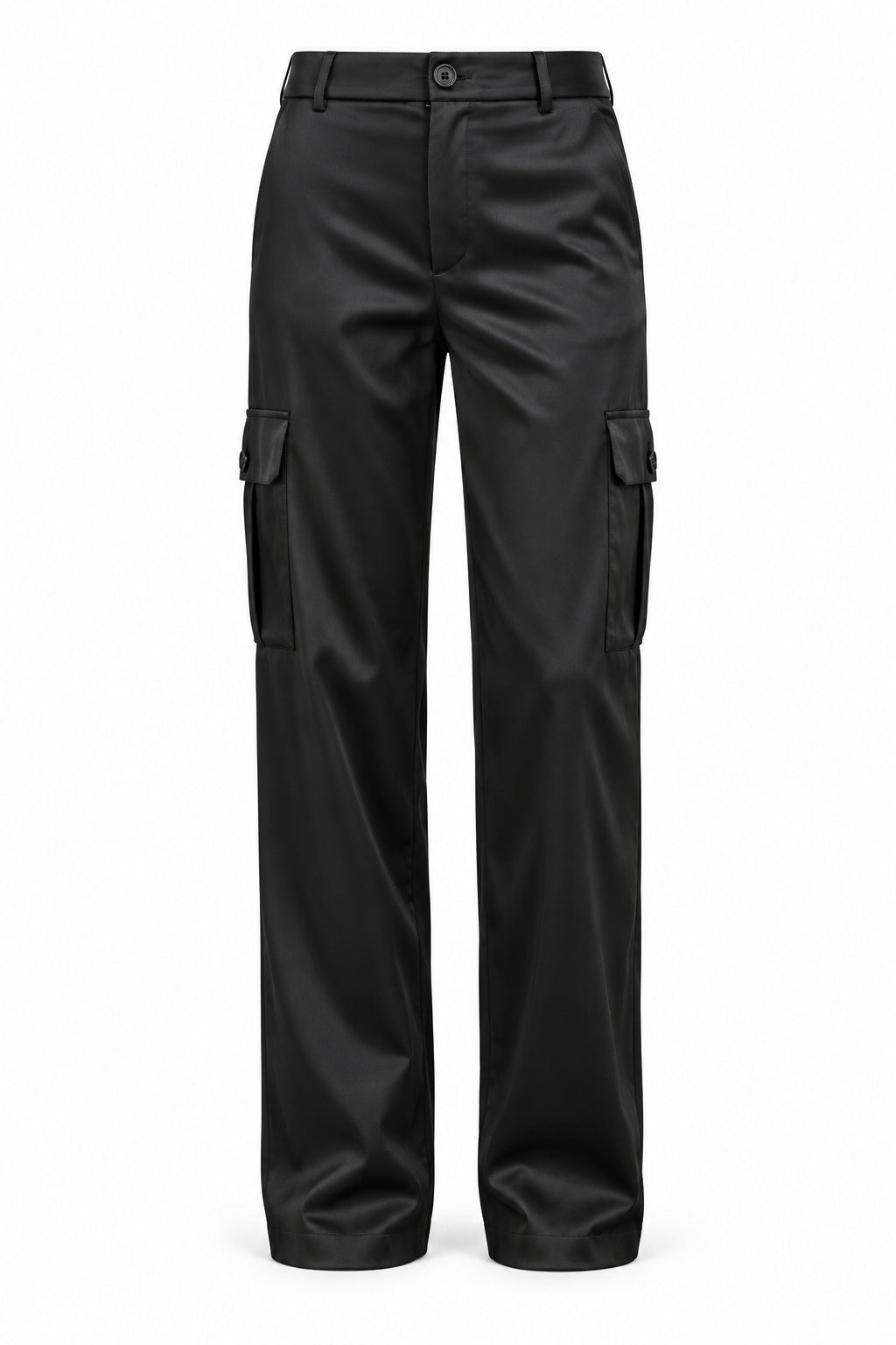 PANTALON SATINADO CARGO negro — producto aislado fondo blanco