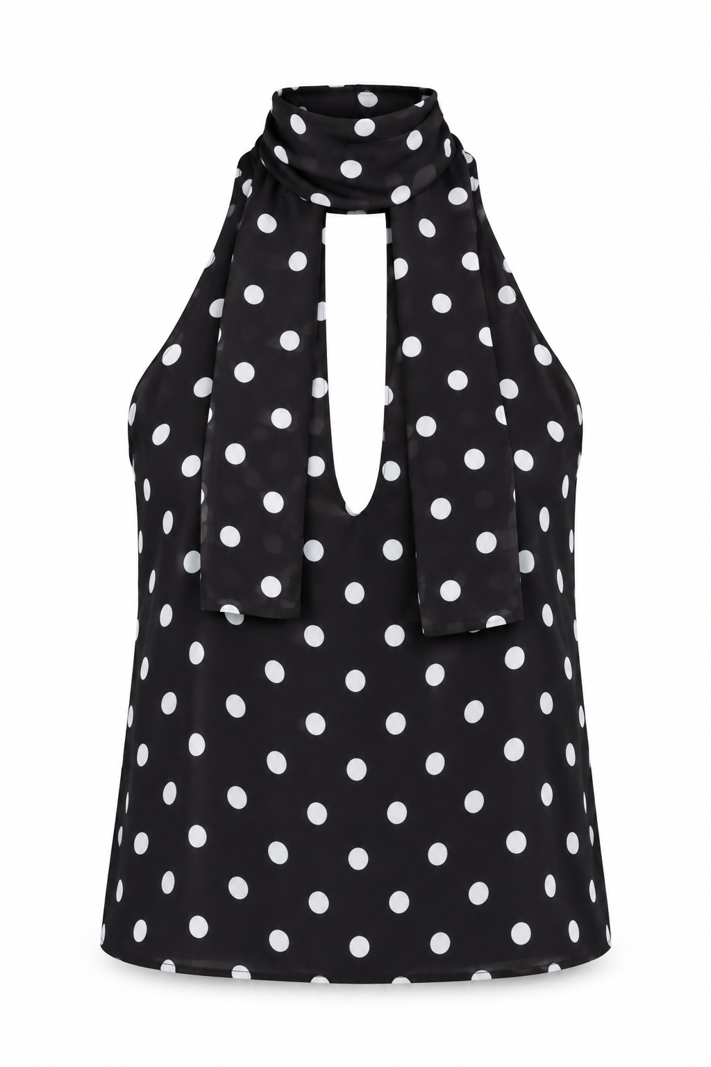 Anna Verona: top halter lunares negro, producto aislado sobre fondo blanco opaco