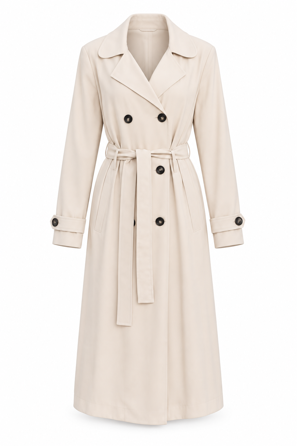 Trench fluido beige — Anna Verona — producto aislado sobre blanco