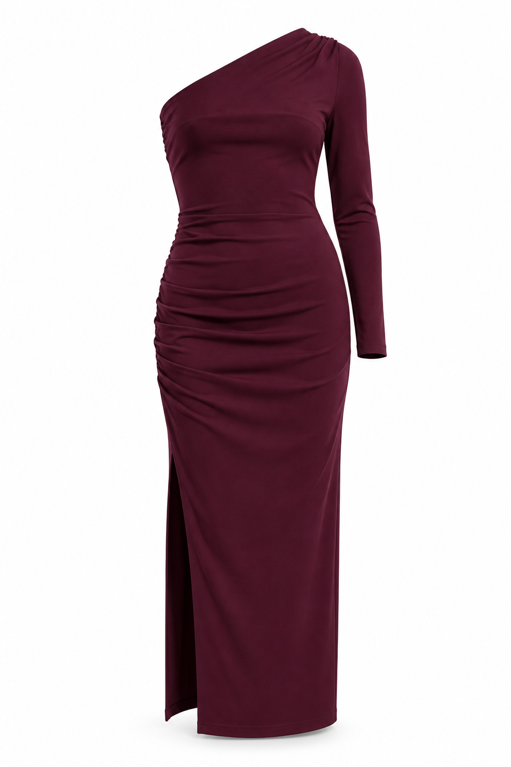 VESTIDO MIDI ASIMETRICO — Anna Verona — producto aislado sobre blanco — 115:BURDEOS