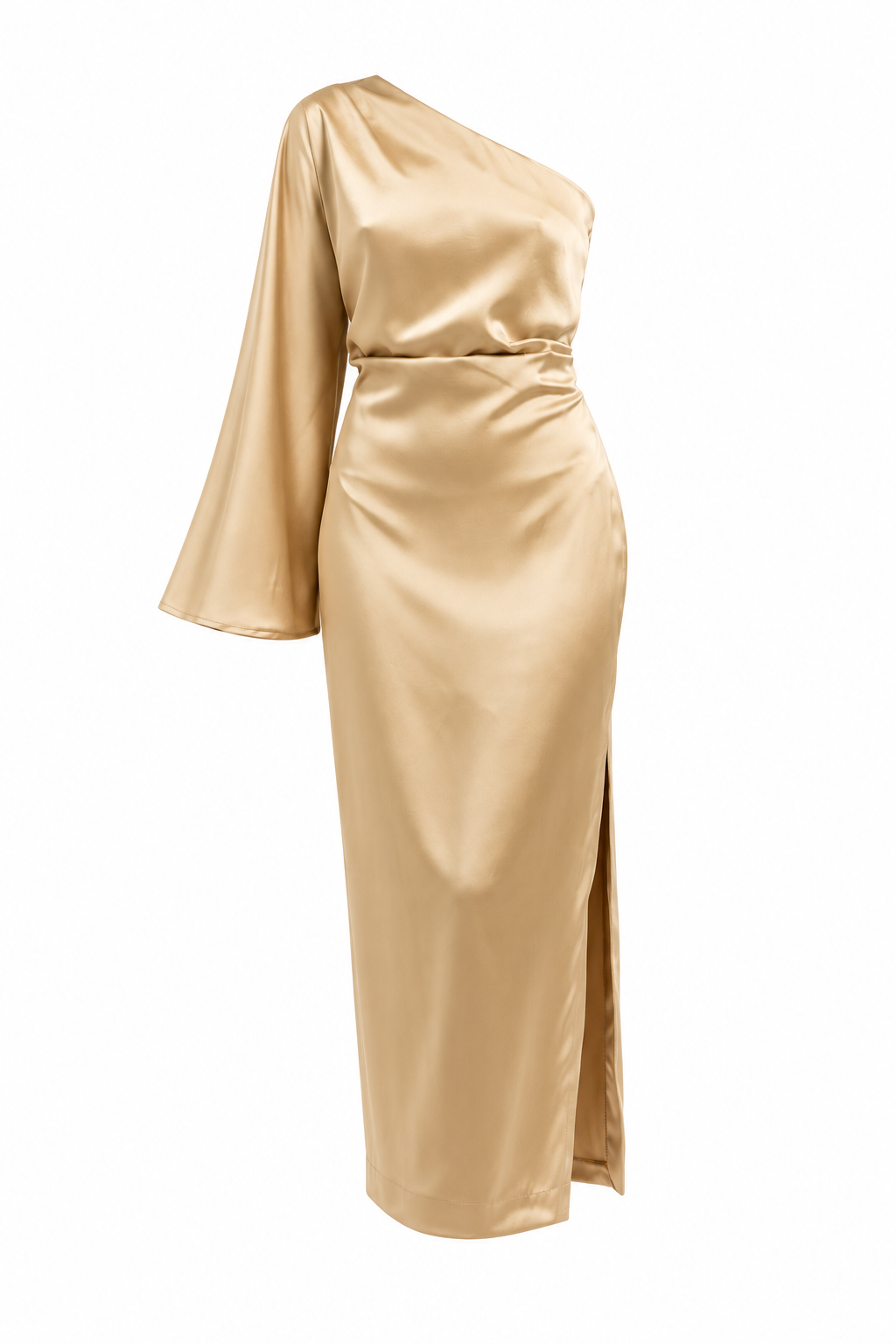VESTIDO MIDI ASIMETRICO — Anna Verona — producto aislado sobre blanco — 144:BEIGE