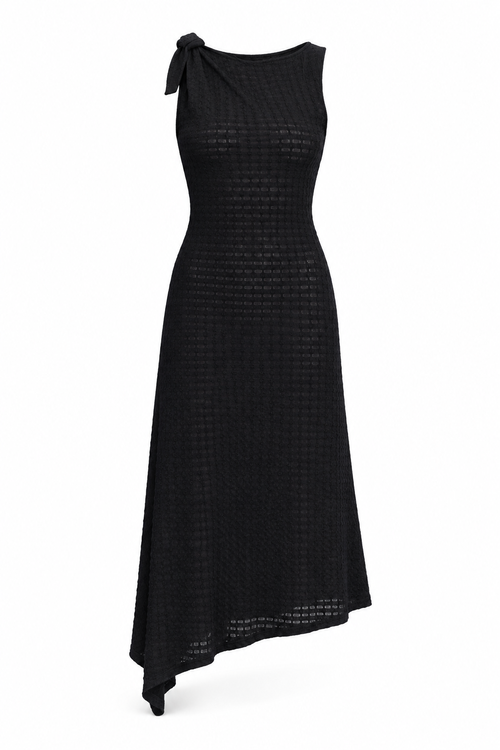 VESTIDO MIDI ASIMÉTRICO PUNTO CALADO — Anna Verona — producto aislado sobre blanco — 002:NEGRO