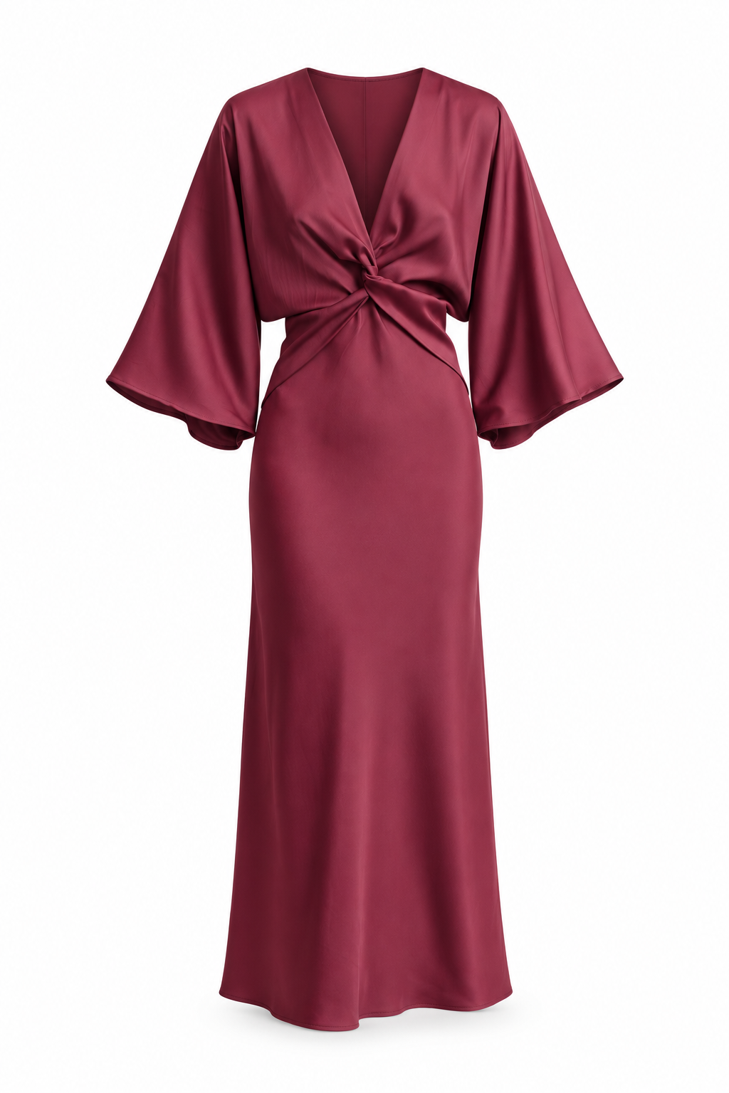 Vestido satinado con nudo — Anna Verona — producto aislado sobre blanco — Burdeos