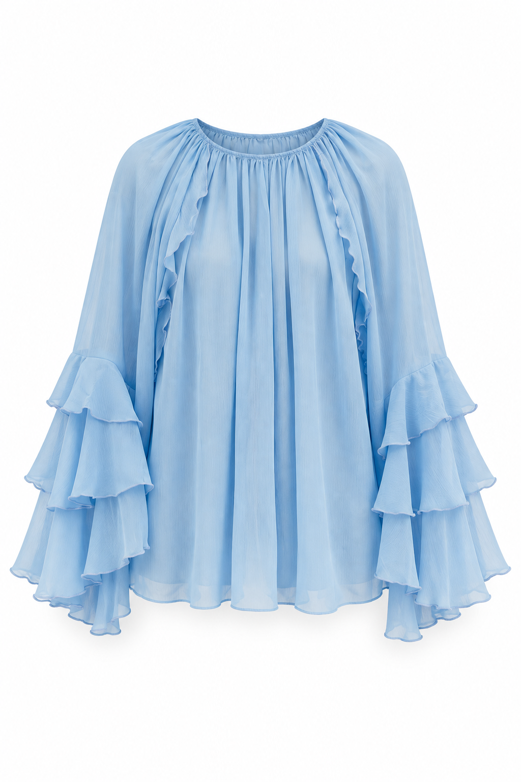 BLUSA VOLANTES — Anna Verona — producto aislado sobre blanco — 006:CELESTE