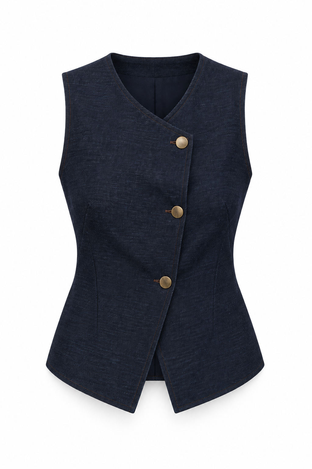 CHALECO CRUZADO EFECTO DENIM — Anna Verona — producto aislado sobre blanco — 999:VAQUERO