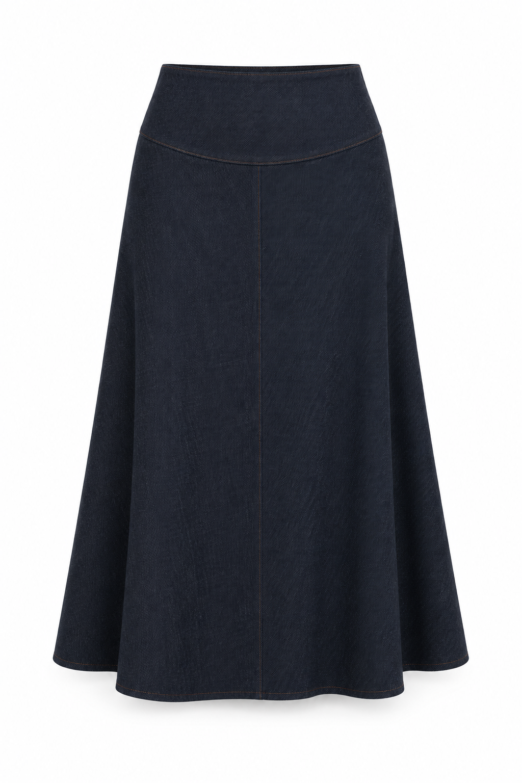 FALDA MIDI EFECTO DENIM — Anna Verona — producto aislado sobre blanco — 999:VAQUERO