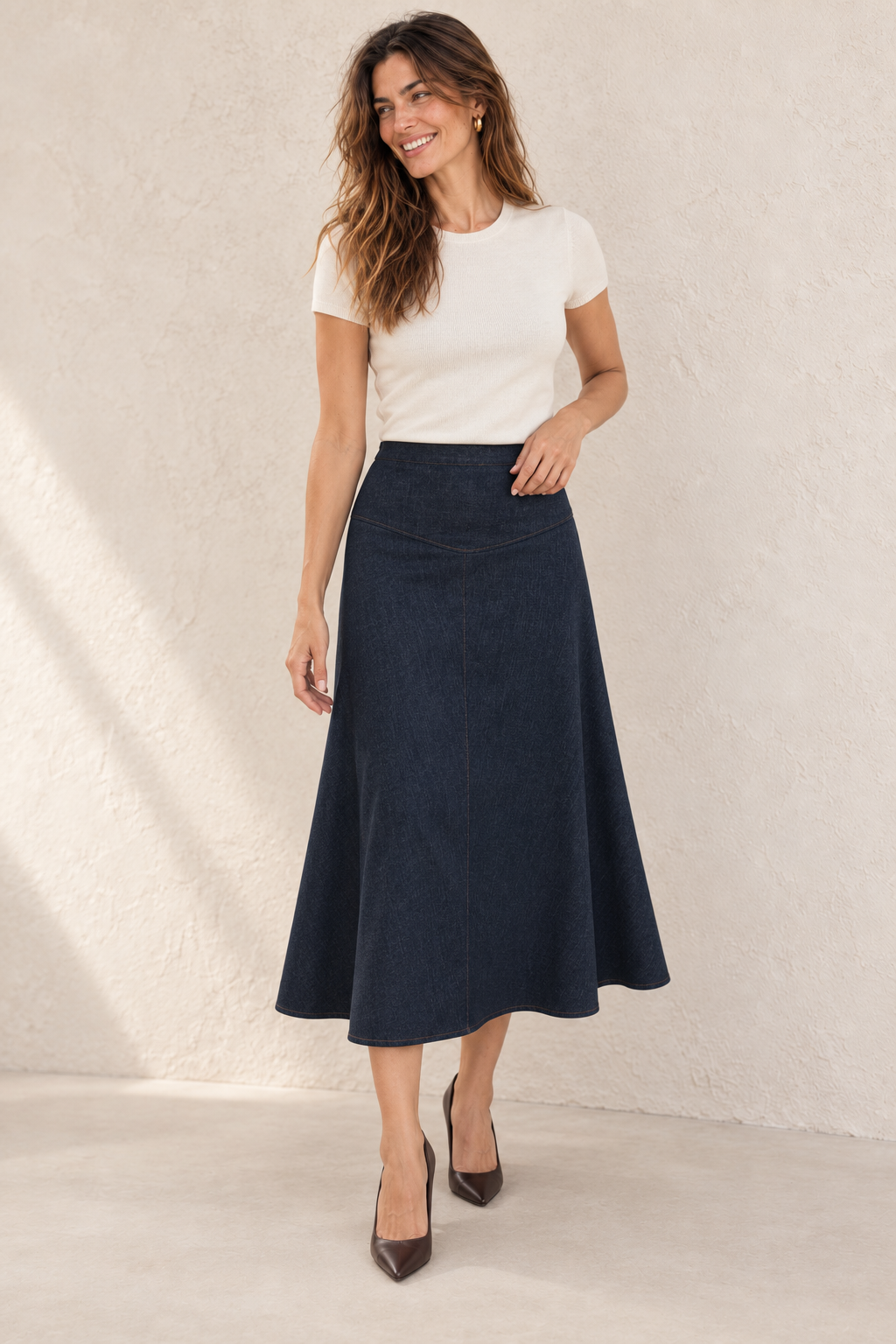 FALDA MIDI EFECTO DENIM — Anna Verona — expresion