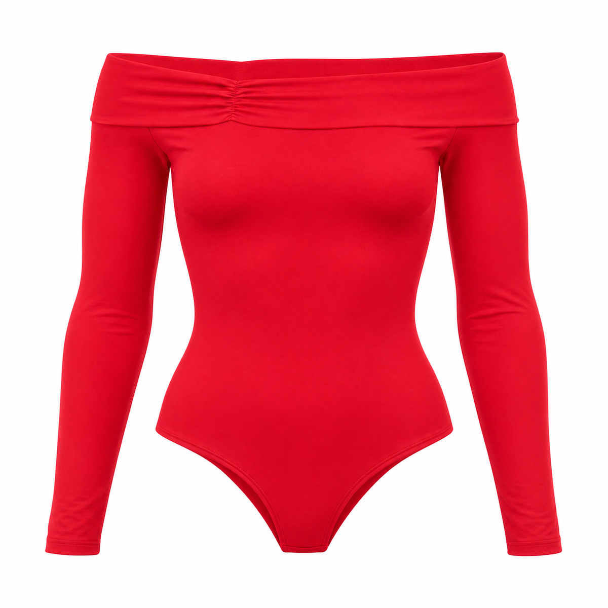 Body rojo de hombros descubiertos aislado sobre blanco opaco