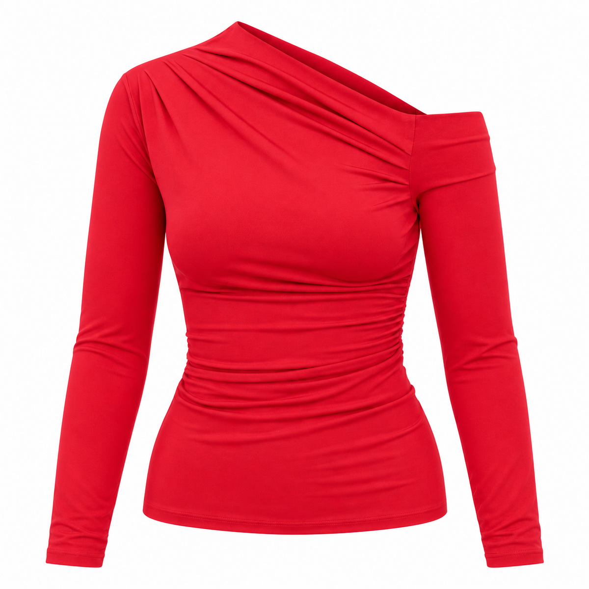 Camiseta asimétrica roja aislada sobre fondo blanco opaco