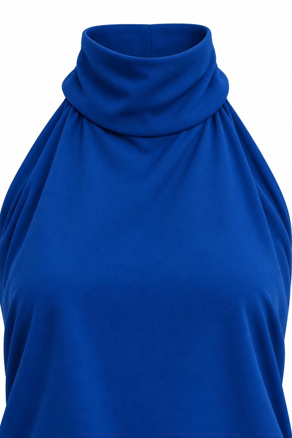 Vestido Marina azul — primer plano del cuello halter y sus pliegues