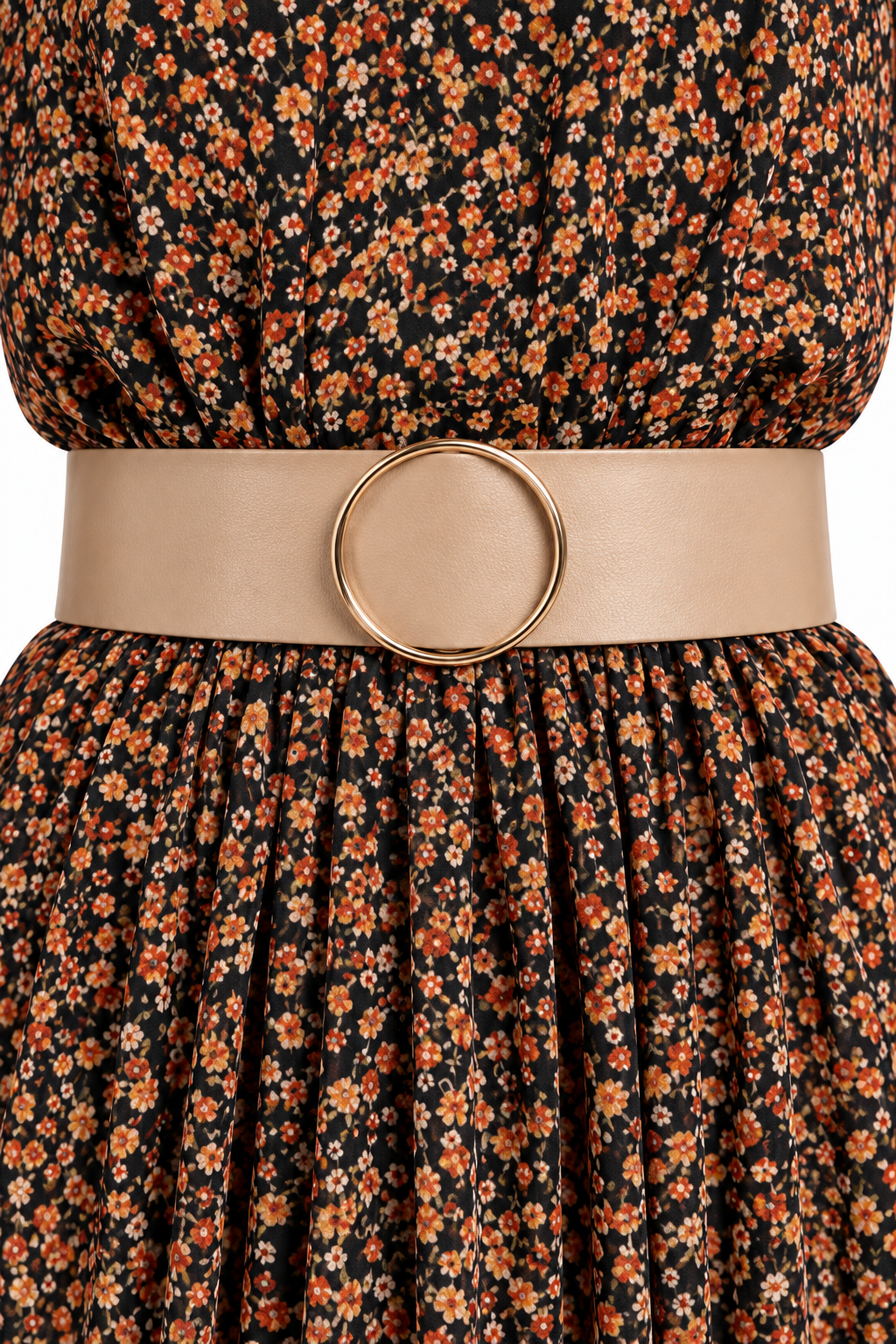 Vestido Martina — primer plano del cinturón, hebilla circular y estampado floral