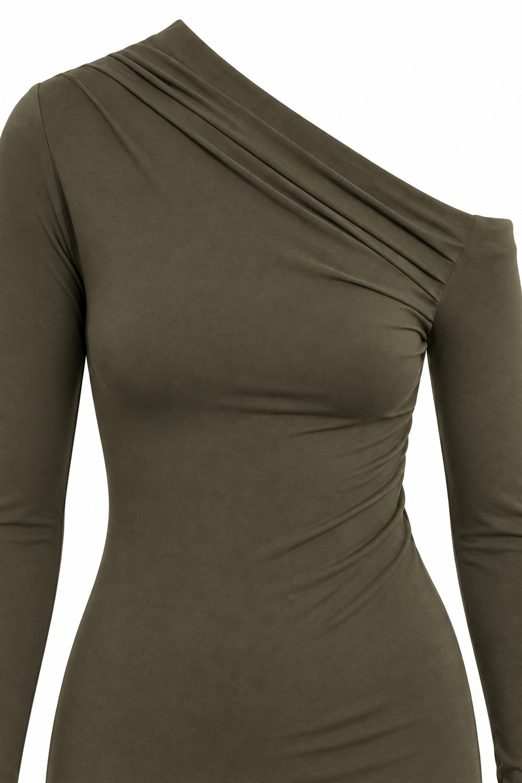Vestido Olivia caqui — detalle del escote asimétrico y sus pliegues