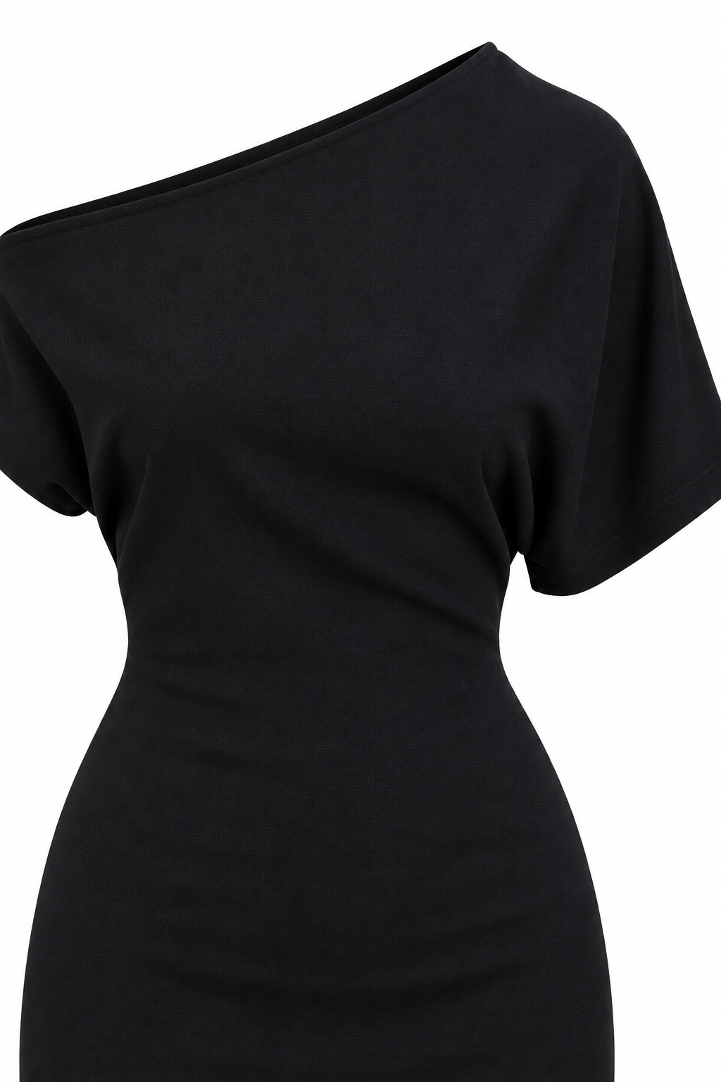 Vestido Vittoria negro — detalle del escote diagonal y de la manga corta