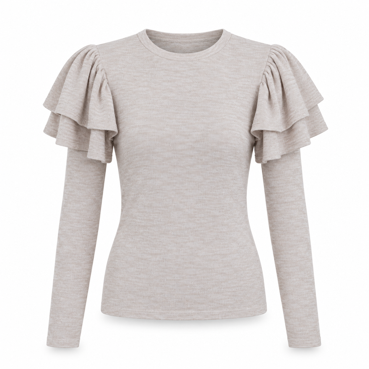 Camiseta con volantes beige aislada sobre fondo blanco